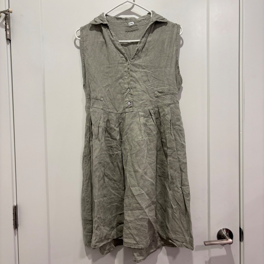 Prodotto In Italia Women Green 100% Linen Sleeveless Pleated Button Front Dress